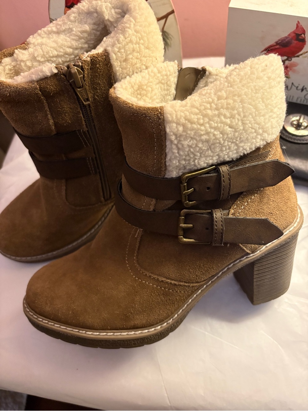 White Mountain Tan Suede Shearling Cuffed Heeled Ankle Boots